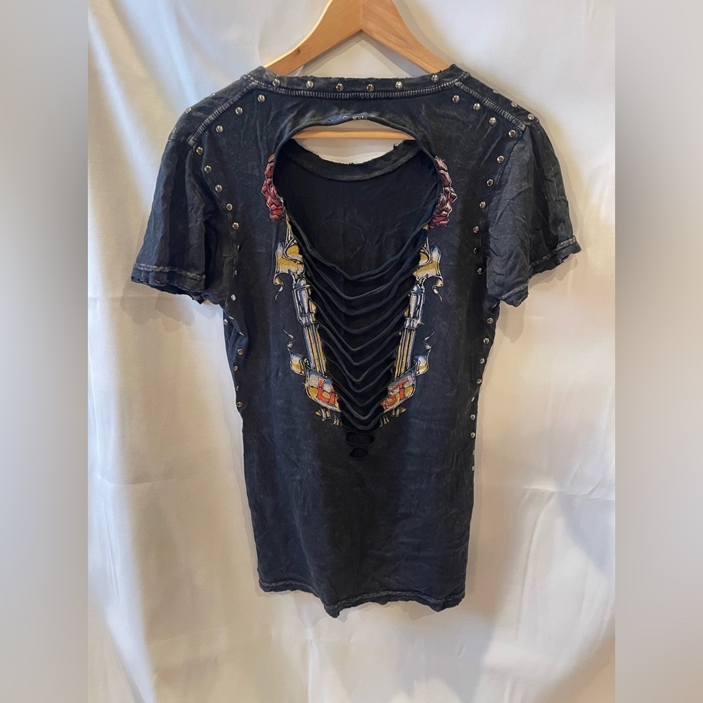 Affliction Women’s Charcoal Crew Neck Tee with Open Back L Y2K - Picture 3 of 3